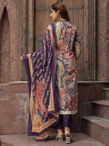 Dhiyona RR Women's Paisley Printed Thread Work Pure Cotton Kurta with Trousers & Dupatta