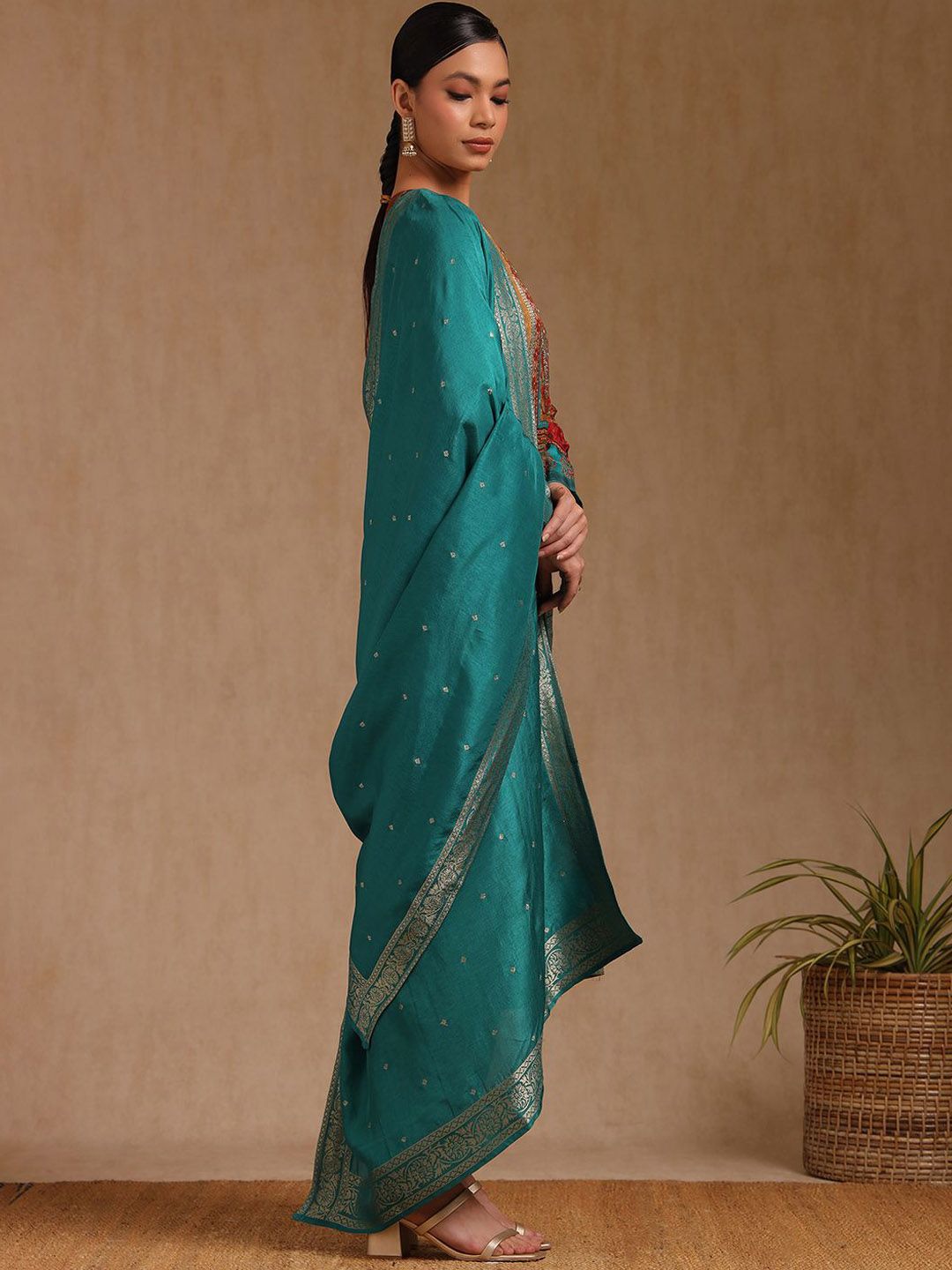 Dhiyona SO Women's Ethnic Motifs Printed Mirror Work Straight Kurta With Trouser And Dupatta