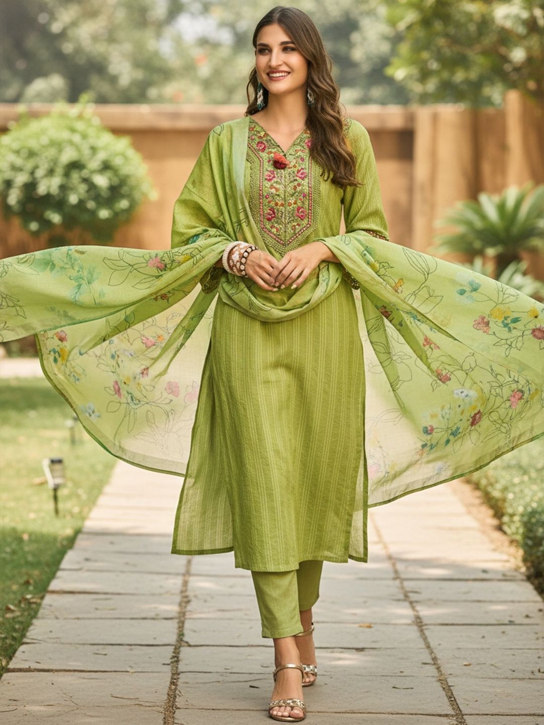 Dhiyona IE Ethnic Motifs Embroidered Thread Work Linen Kurta With Trousers & Dupatta