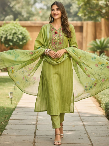 Ethnic Motifs Embroidered Thread Work Linen Kurta With Trousers & Dupatta