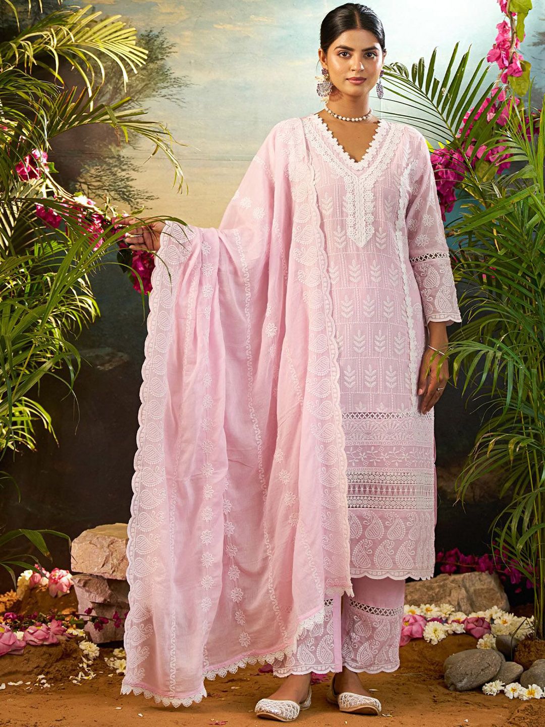 Women Ethnic Motifs Embroidered Cotton Kurta with Trousers & Dupatta
