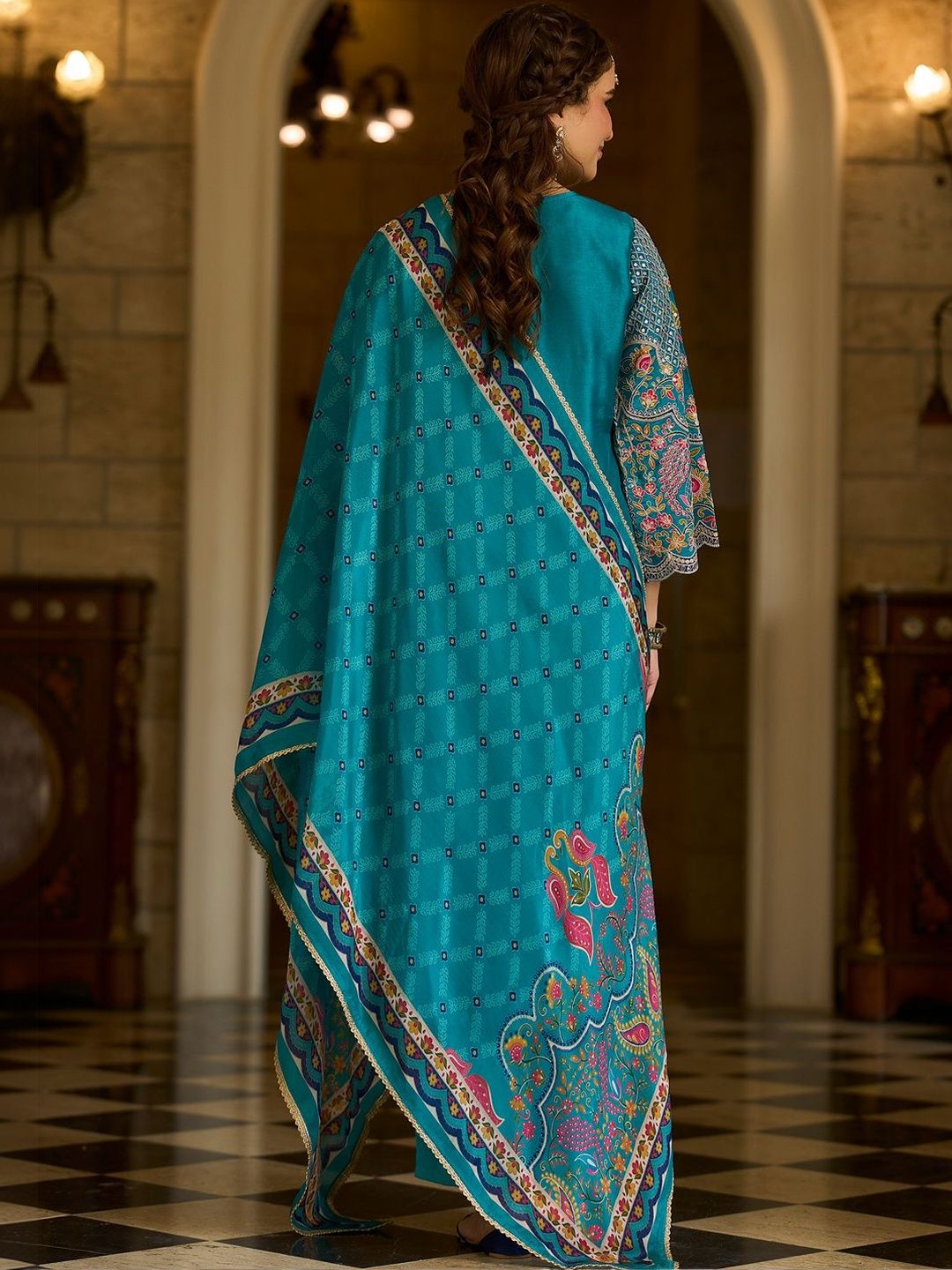 Ethnic Motifs Embroidered V-Neck Thread Work Kurta With Trousers & Dupatta