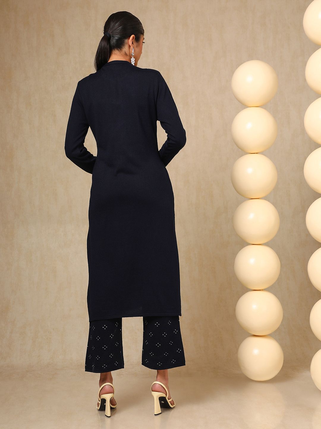 Dhiyona SO Women's Navy Blue Floral Woven Design Mandarin Collar Acrylic Straight Kurta With Trouser