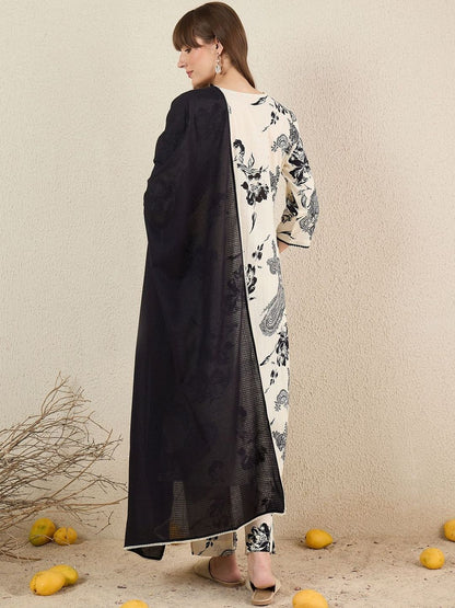 Women Floral Printed Regular Beads and Stones Pure Cotton Kurta with Trousers & With Dupatta