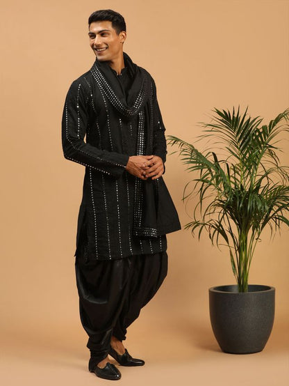 Men's Black Viscose Straight Kurta and Dhoti Set