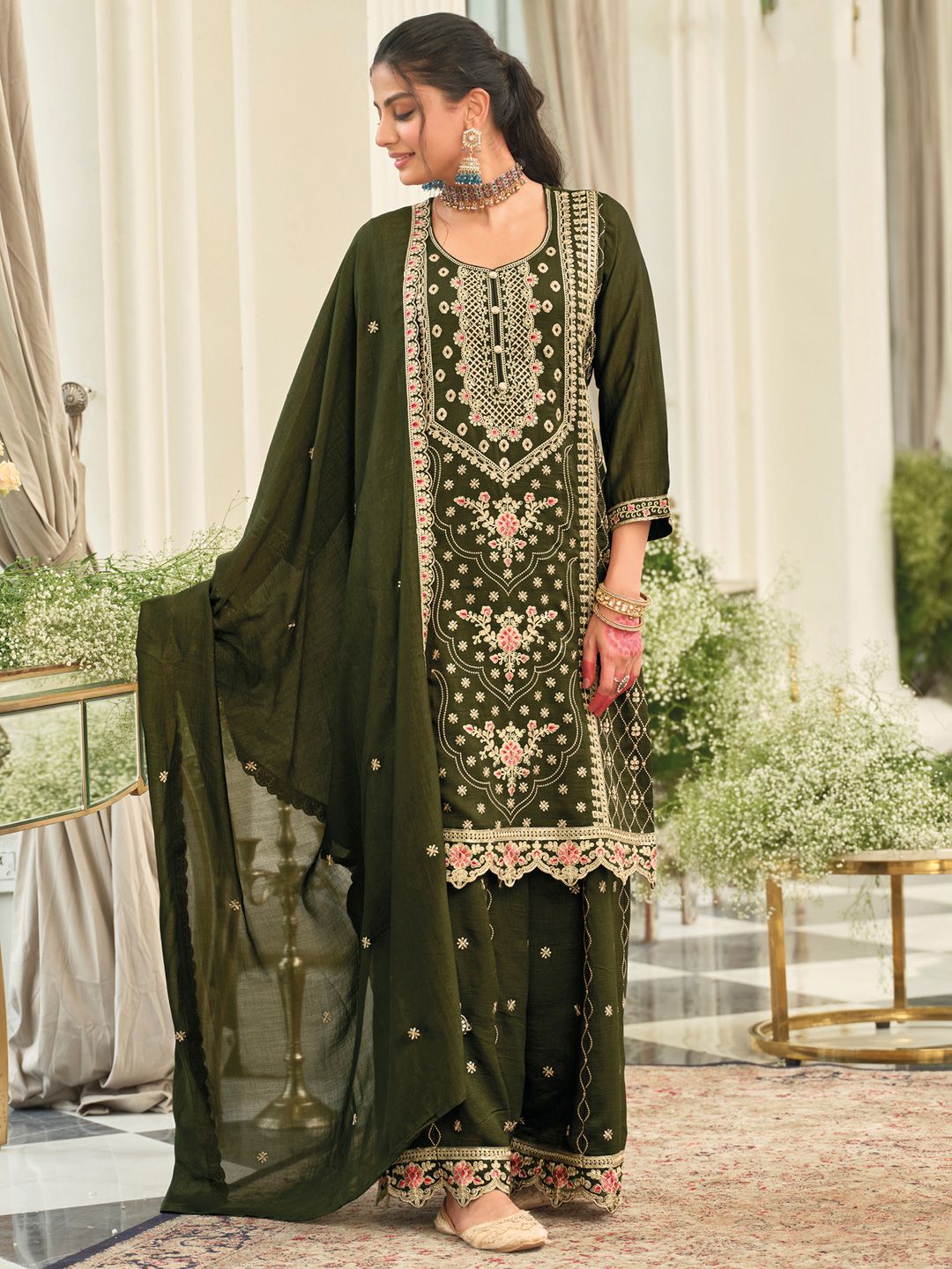 Women Ethnic Motifs Embroidered Kurta with Palazzo & Dupatta