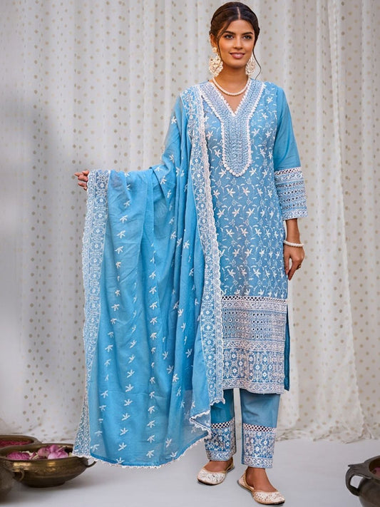 Women Ethnic Motifs Embroidered Regular Thread Work Pure Cotton Kurta with Trousers & With Dupatta