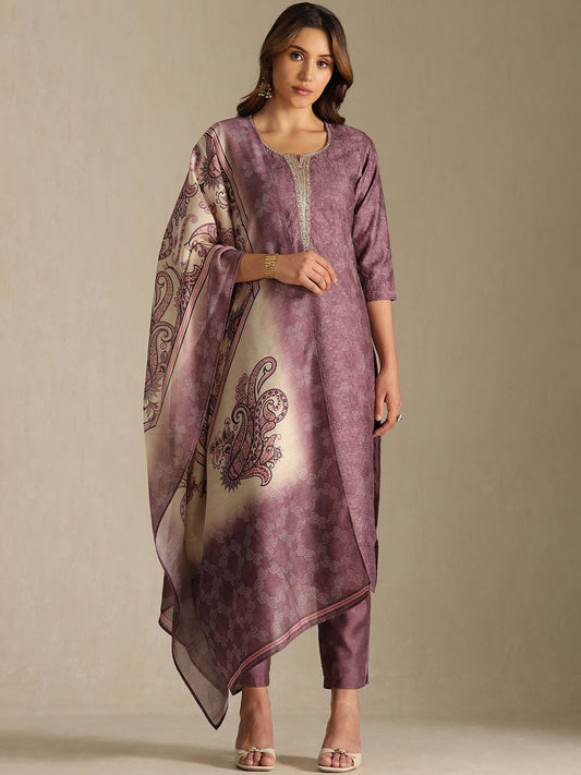 Dhiyona SO Women's Women Round Neck Printed Zardozi Kurta & Trousers With Dupatta