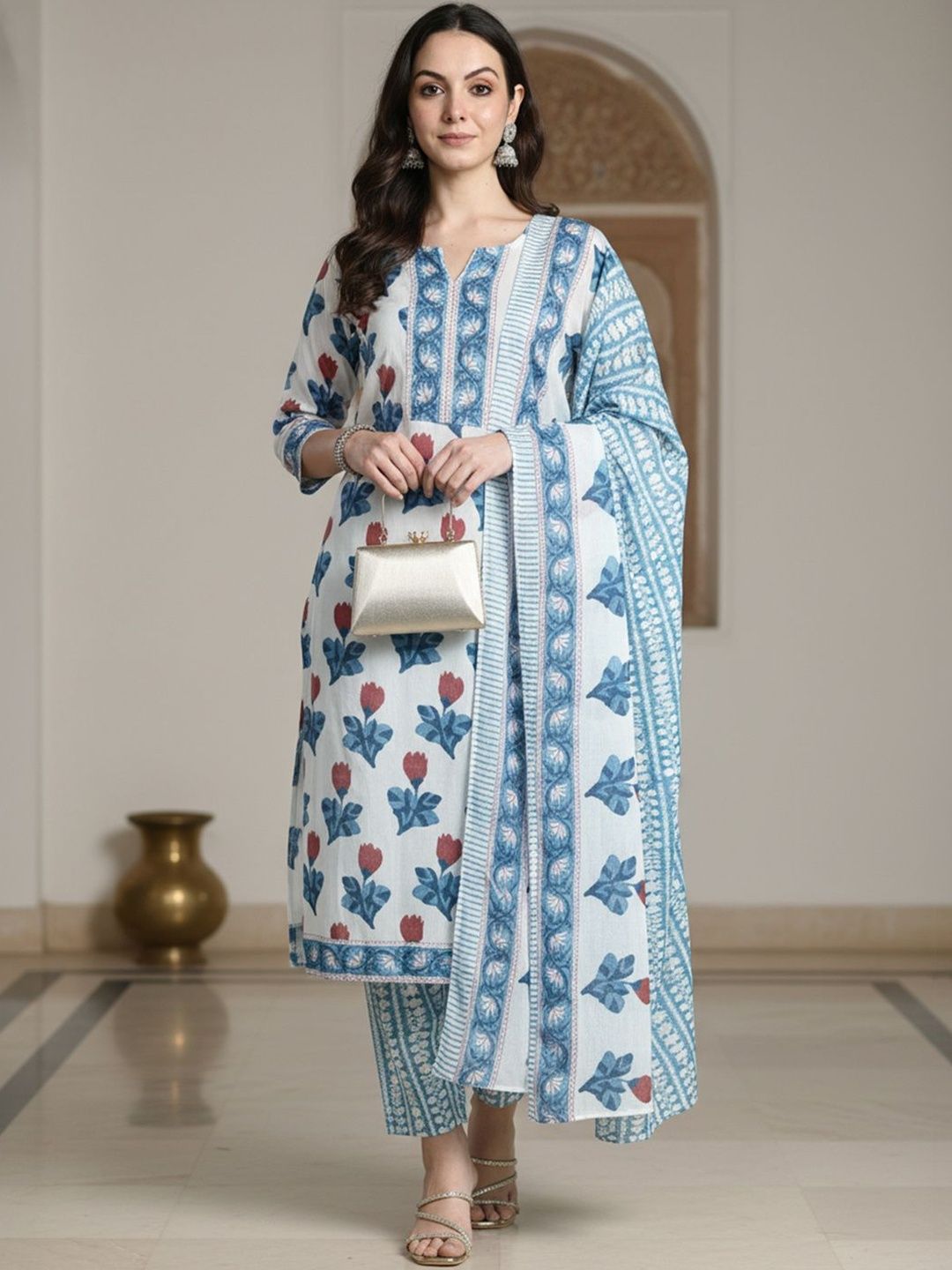 Dhiyona IE Floral Printed Pure Cotton Kurta With Trousers & Dupatta