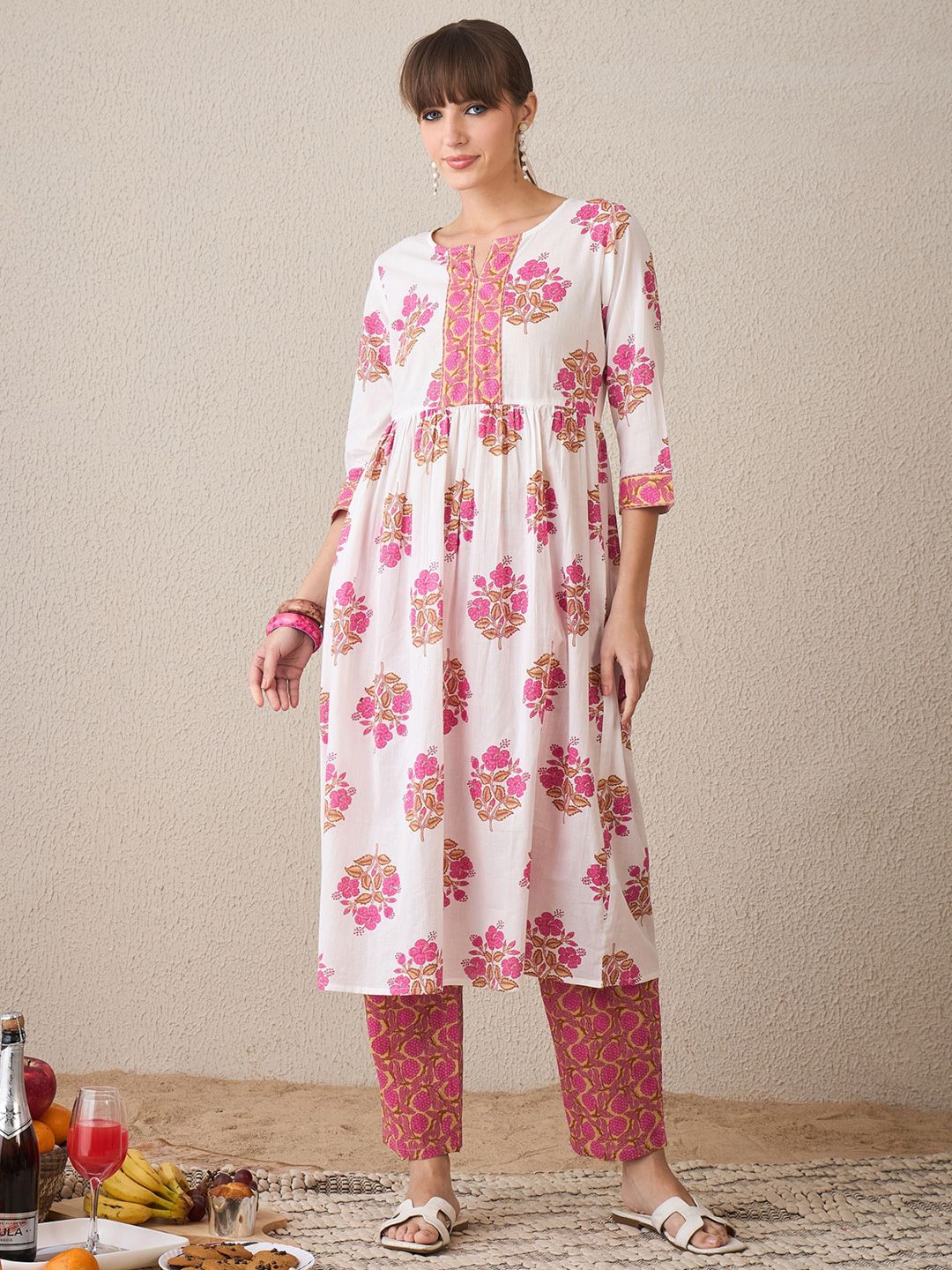 Dhiyona IE Floral Printed Notch Neck Empire Pure Cotton A-Line Kurta With Trouser