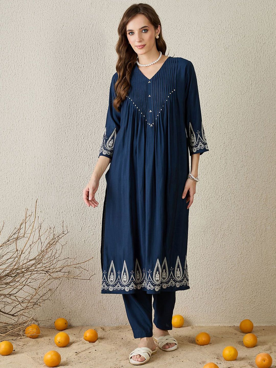 Dhiyona IE Embroidered V-Neck Tunic With Trousers