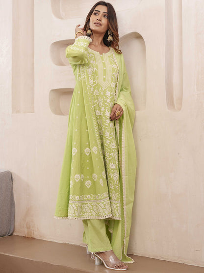 Dhiyona PD Women Floral Embroidered Pure Cotton Kurta & Trousers With Dupatta