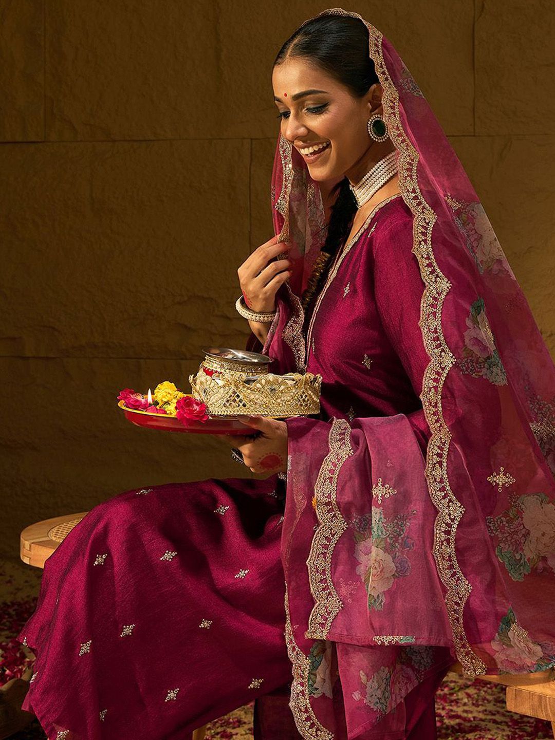 Dhiyona IE Floral Embroidered Straight Kurta with Trousers & Dupatta