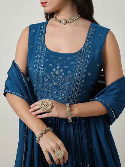 Dhiyona SO Women's Women Printed Angrakha Sequinned Kurta with Churidar & With Dupatta