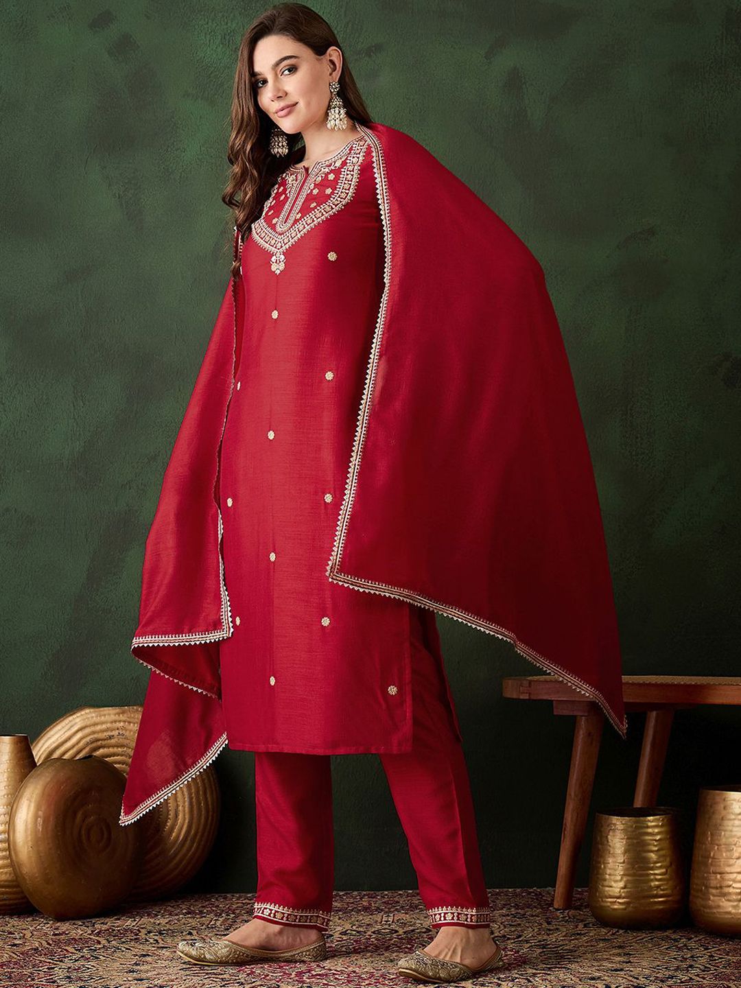 Dhiyona SN Women's Embroidered Straight Kurta With Trousers And Dupatta