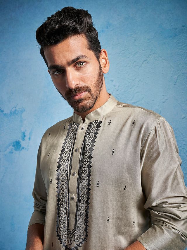 Men's Chiku Silk Blend Straight Kurta