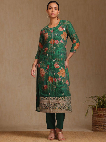 Dhiyona SO Women's Floral Printed Round Neck Zari Straight Kurta With Trousers