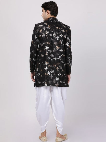 Men's Black Polyester Lurex Blend Asymmetric Sherwani Set