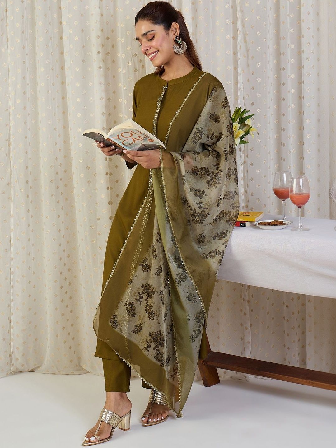 Ethnic Motifs Band Collar Thread Work Kurta With Trousers & Dupatta