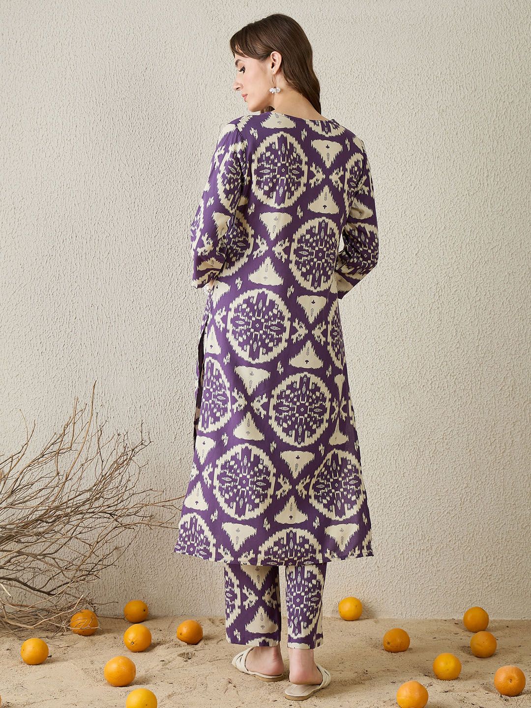 Women Purple Printed Straight Kurta Trousers Set