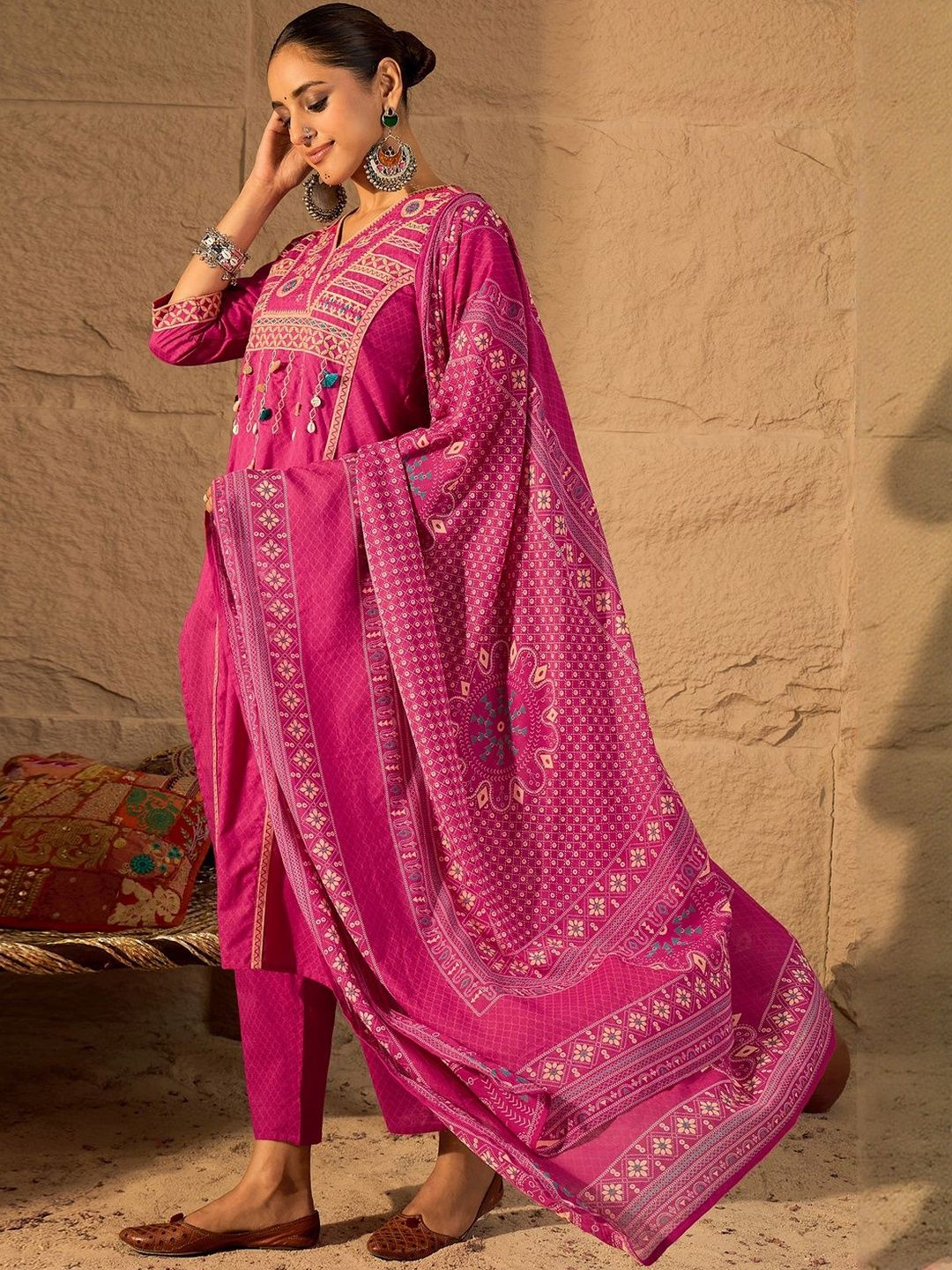 Women Ethnic Motifs Embroidered Cotton Kurta with Trousers & Dupatta