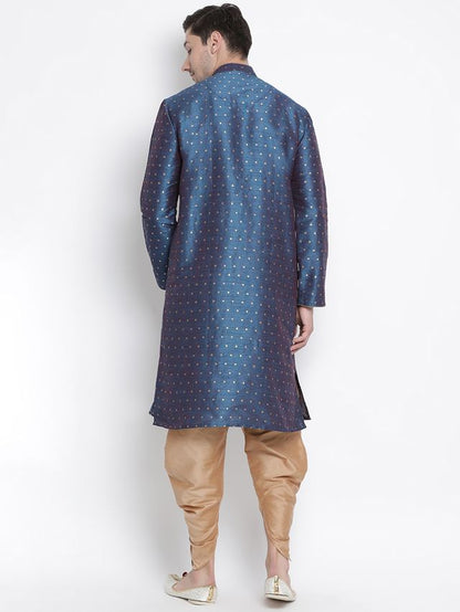 Men's Blue Silk Blend Straight Kurta and Dhoti Set