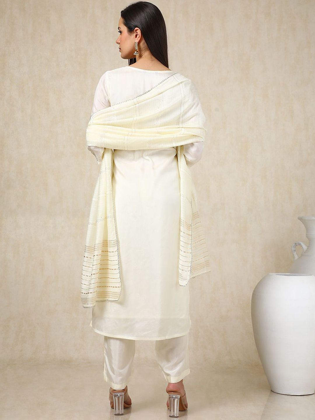 Dhiyona SO Women's Off White Floral Embroidered Round Neck Mirror Work Kurta With Trousers & Dupatta