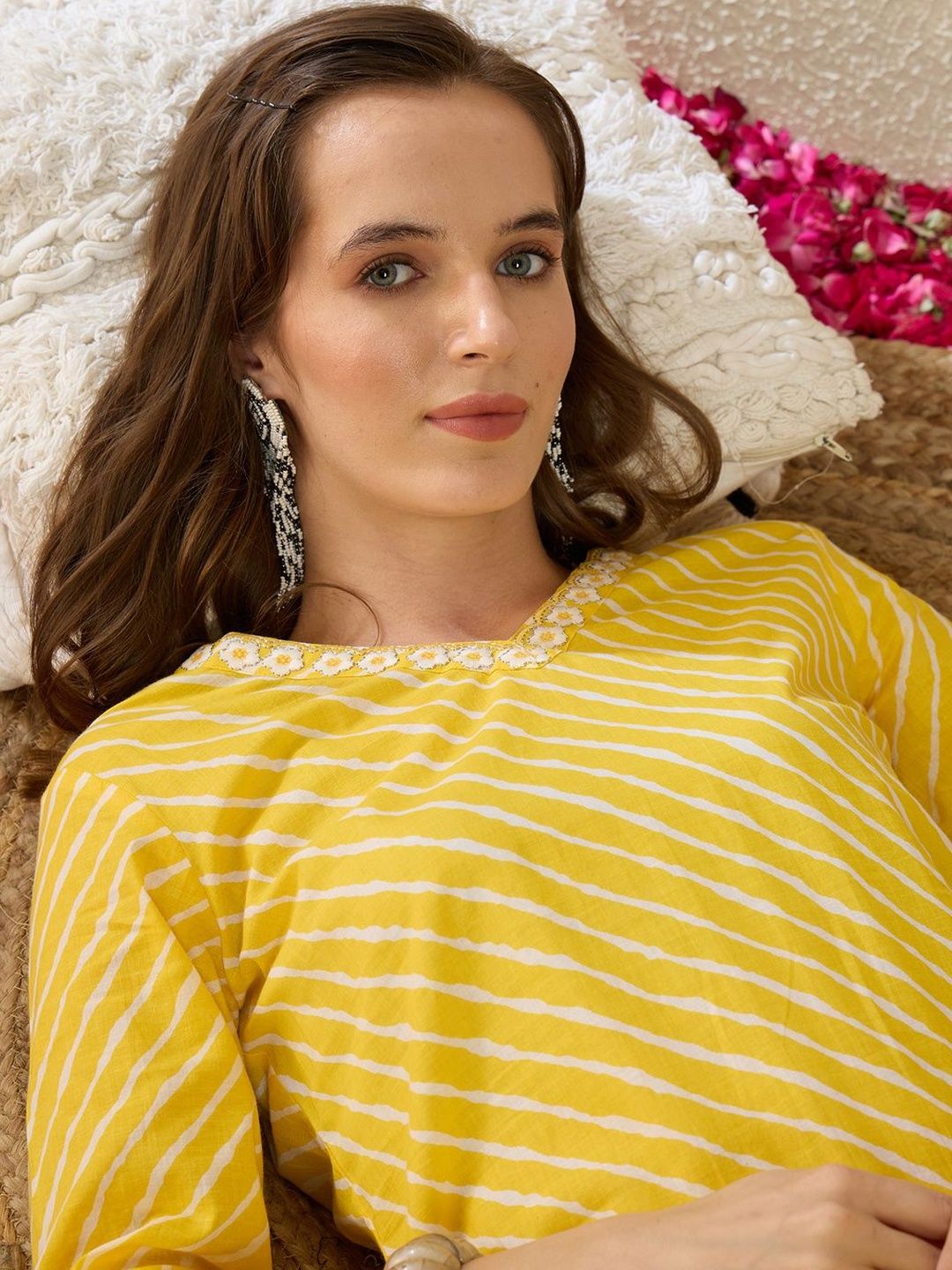 Dhiyona IE Printed V-Neck Three-Quarter Sleeves Pure Cotton Tunic And Trousers