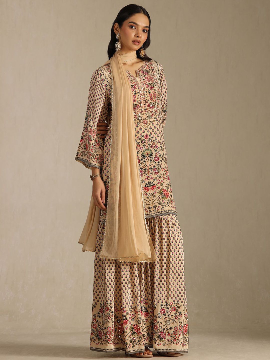Dhiyona SO Women's Women Ethnic Motifs Printed Regular Mirror Work Kurta With Sharara & Dupatta