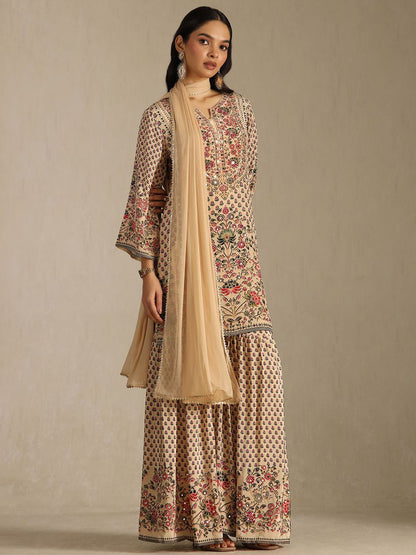 Dhiyona SO Women's Women Ethnic Motifs Printed Regular Mirror Work Kurta With Sharara & Dupatta