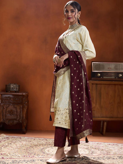 Dhiyona WP Floral Embroidered Beads and Stones Jacquard Kurta with Trousers & With Dupatta