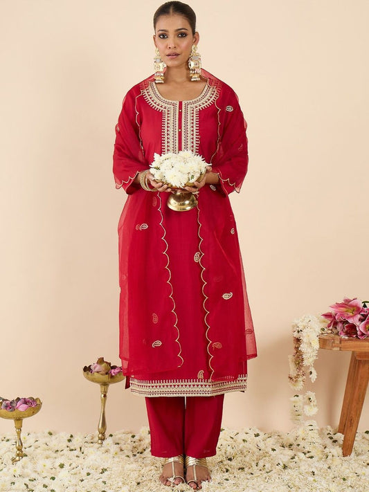 Women Ethnic Motifs Embroidered Regular Kurta with Trousers & With Dupatta