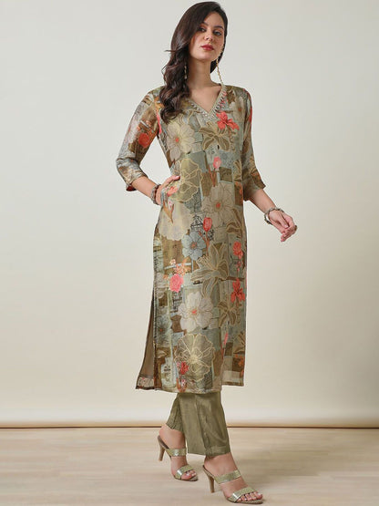 Dhiyona SO Women's Floral Printed V-Neck Three-Quarter Sleeves Regular Straight Kurta With Trouser