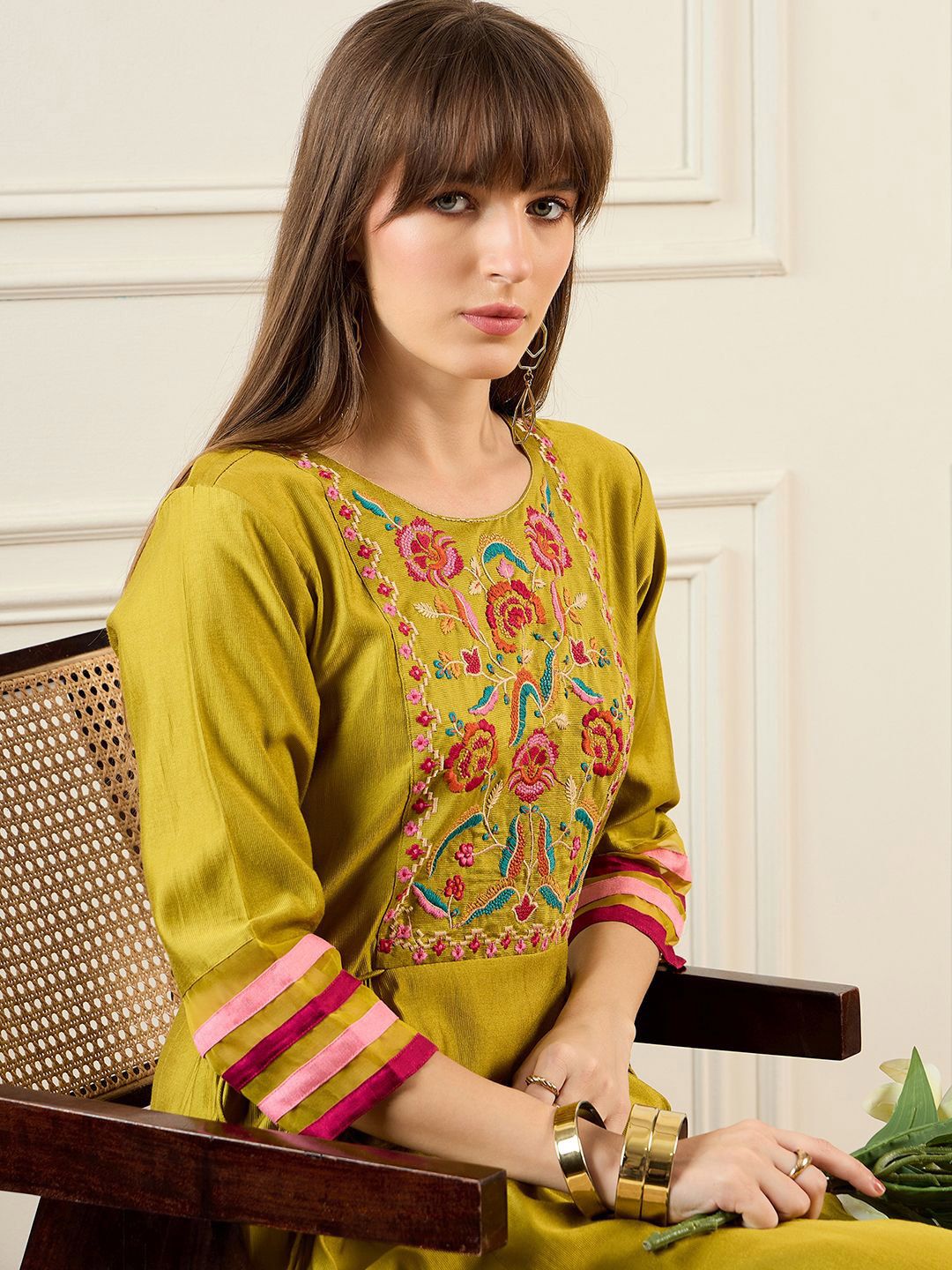Floral Yoke Design Thread Work A-Line Liva Kurta With Trousers