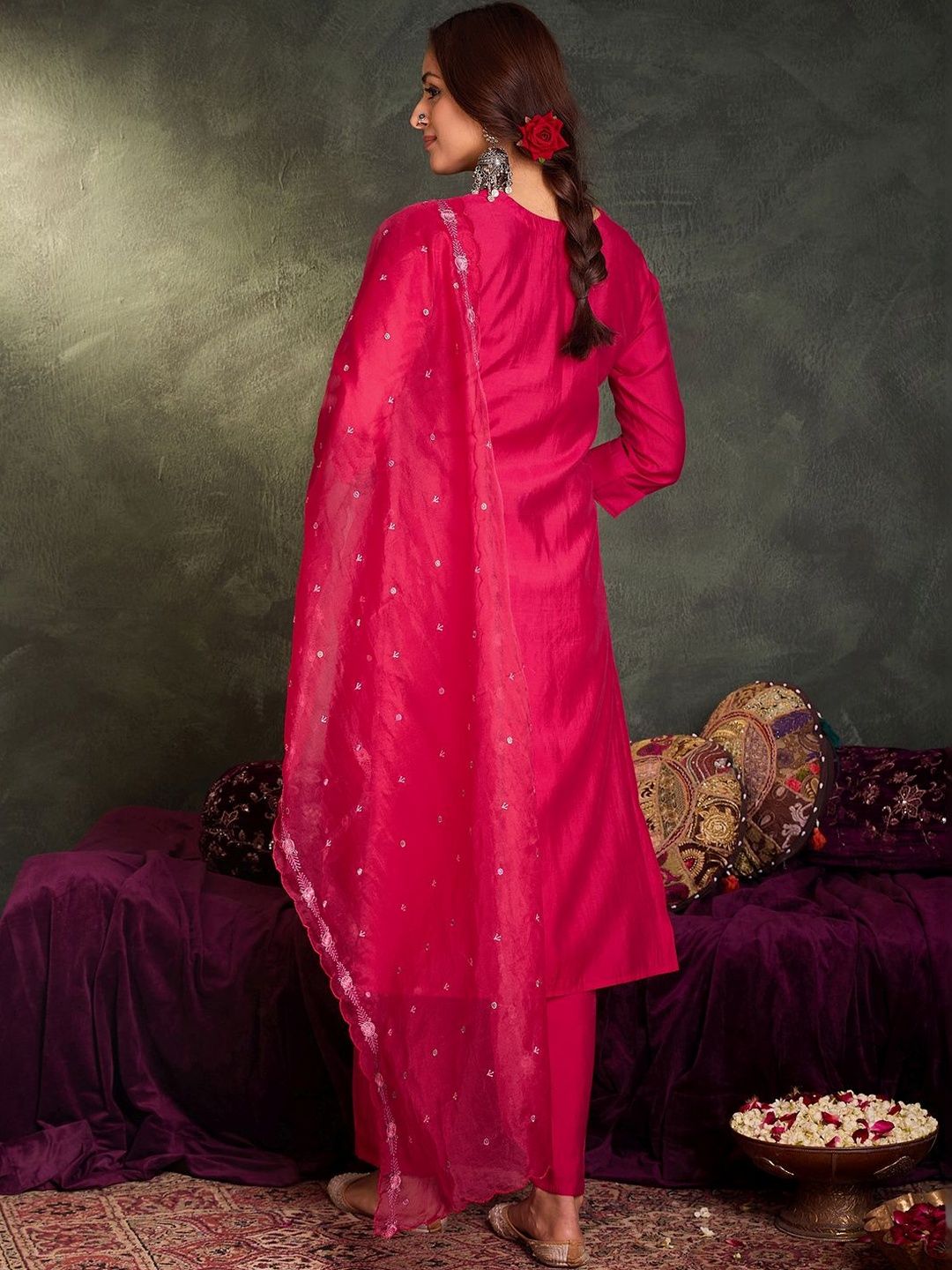 Women Ethnic Motifs Embroidered Regular Thread Work Kurta with Trousers & With Dupatta