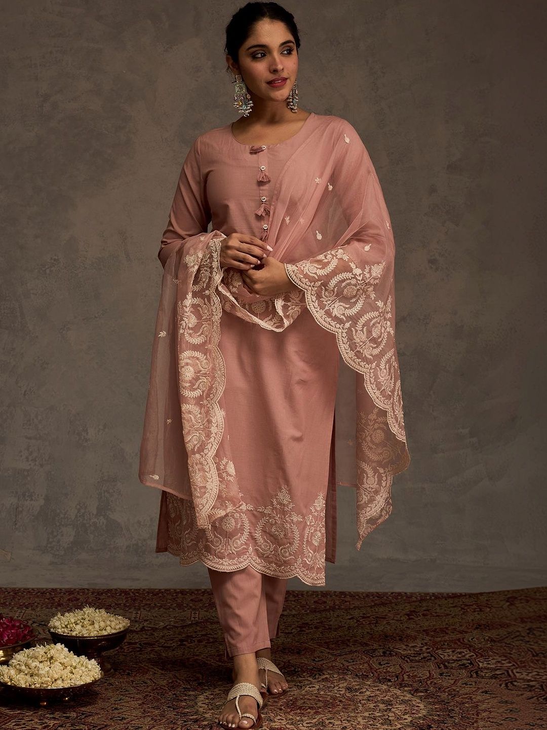 Women Ethnic Motifs Embroidered Regular Thread Work Pure Cotton Kurta with Trousers & With Dupatta