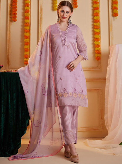 Dhiyona SN Women's Floral Embroidered Notch Neck Thread Work Straight Kurta With Trouser & Dupatta