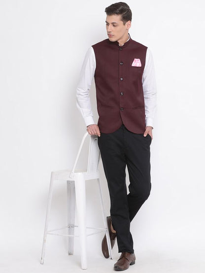 Men's Maroon Cotton Silk Straight Nehru Jacket