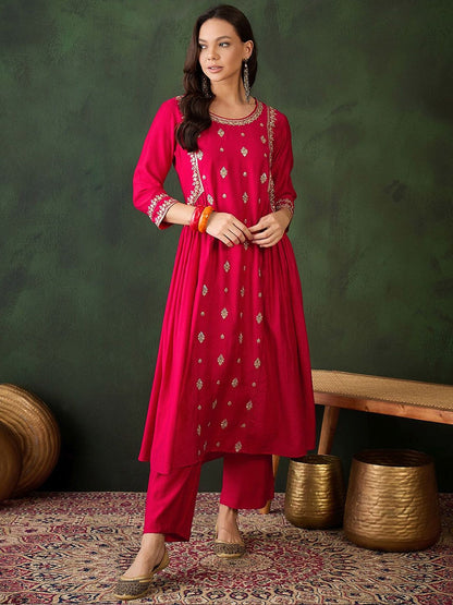 Dhiyona SN Women's Floral Embroidered Round Neck Sequinned Anarkali Kurta With Trousers