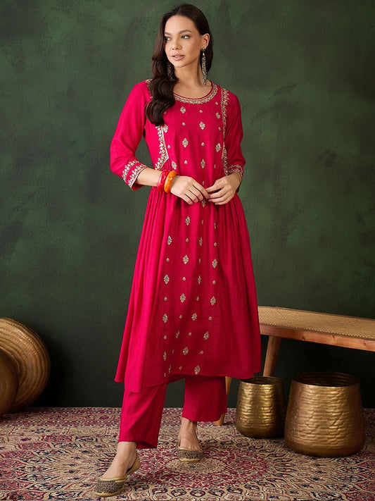 Dhiyona SN Women's Floral Embroidered Round Neck Sequinned Anarkali Kurta With Trousers