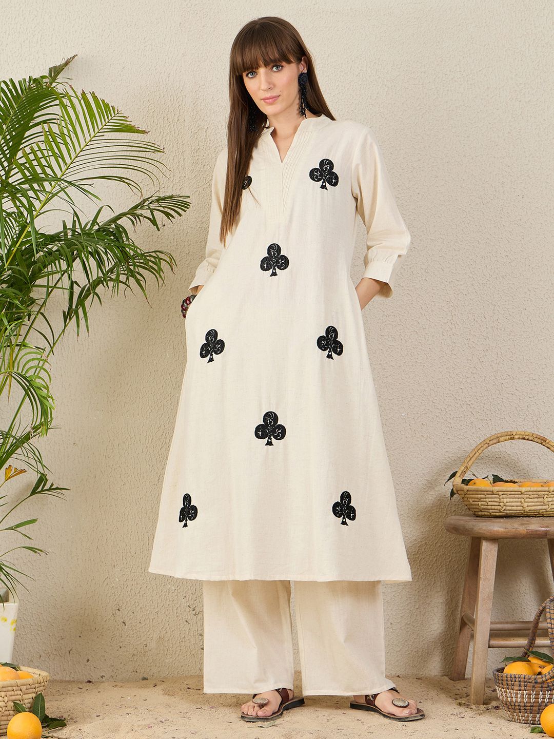 Floral Embroidered Mandarin Collar Thread Work Pure Cotton A-Line Kurta & Palazzo