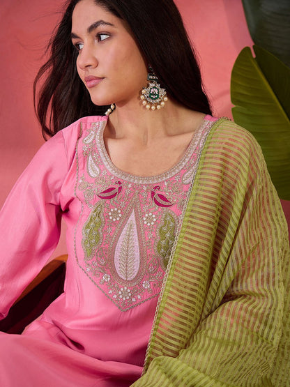 Dhiyona SN Women's Pink Silk Blend Straight Zari Sequence Embroidered Kurta Pant with Dupatta