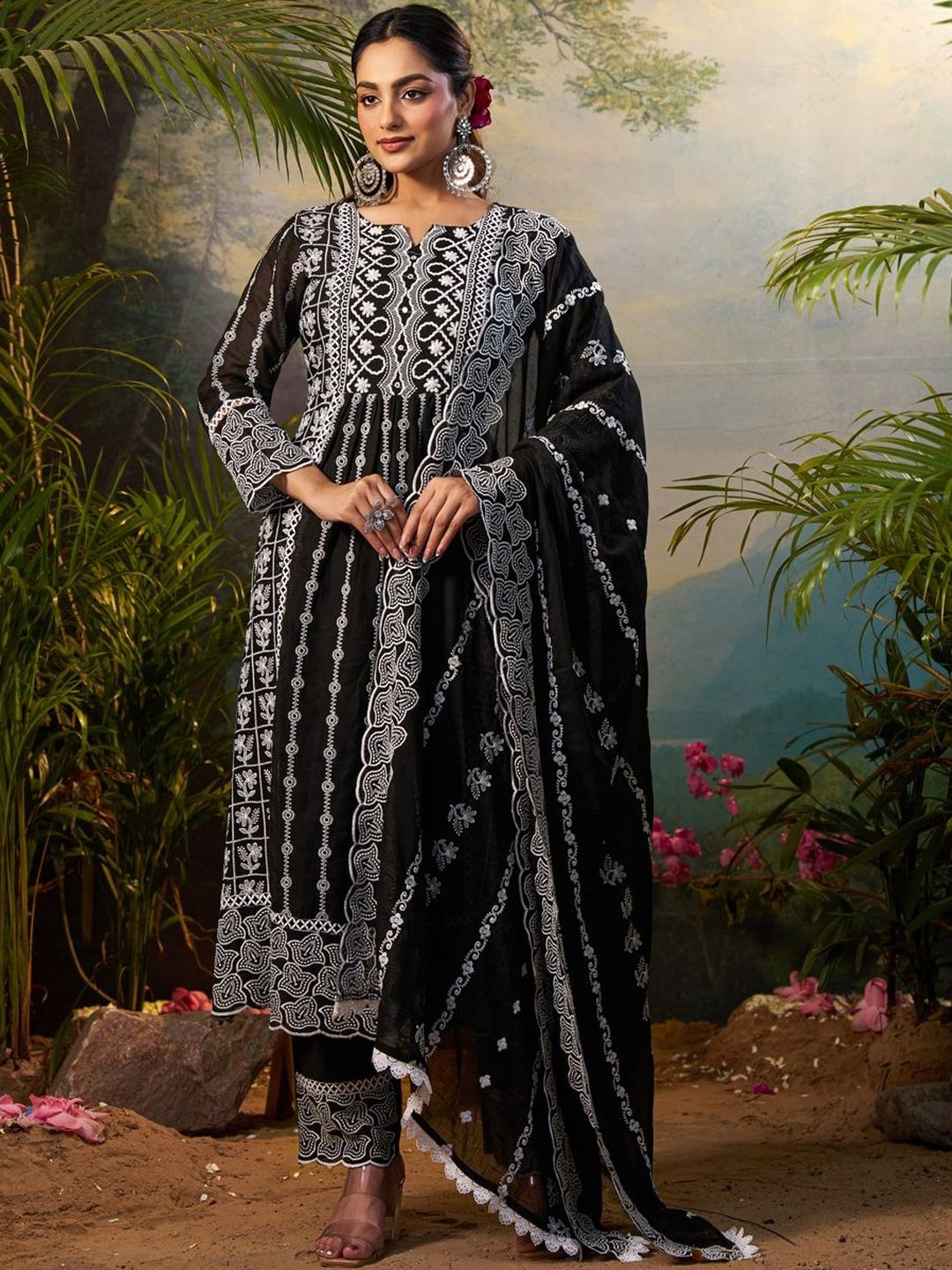 Women Ethnic Motifs Embroidered Panelled Thread Work Pure Cotton Kurta with Trousers & With Dupatta
