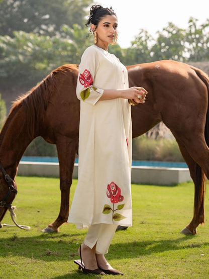 Dhiyona IE Floral Printed Mandarin Collar Pure Cotton A-Line Kurta With Trouser