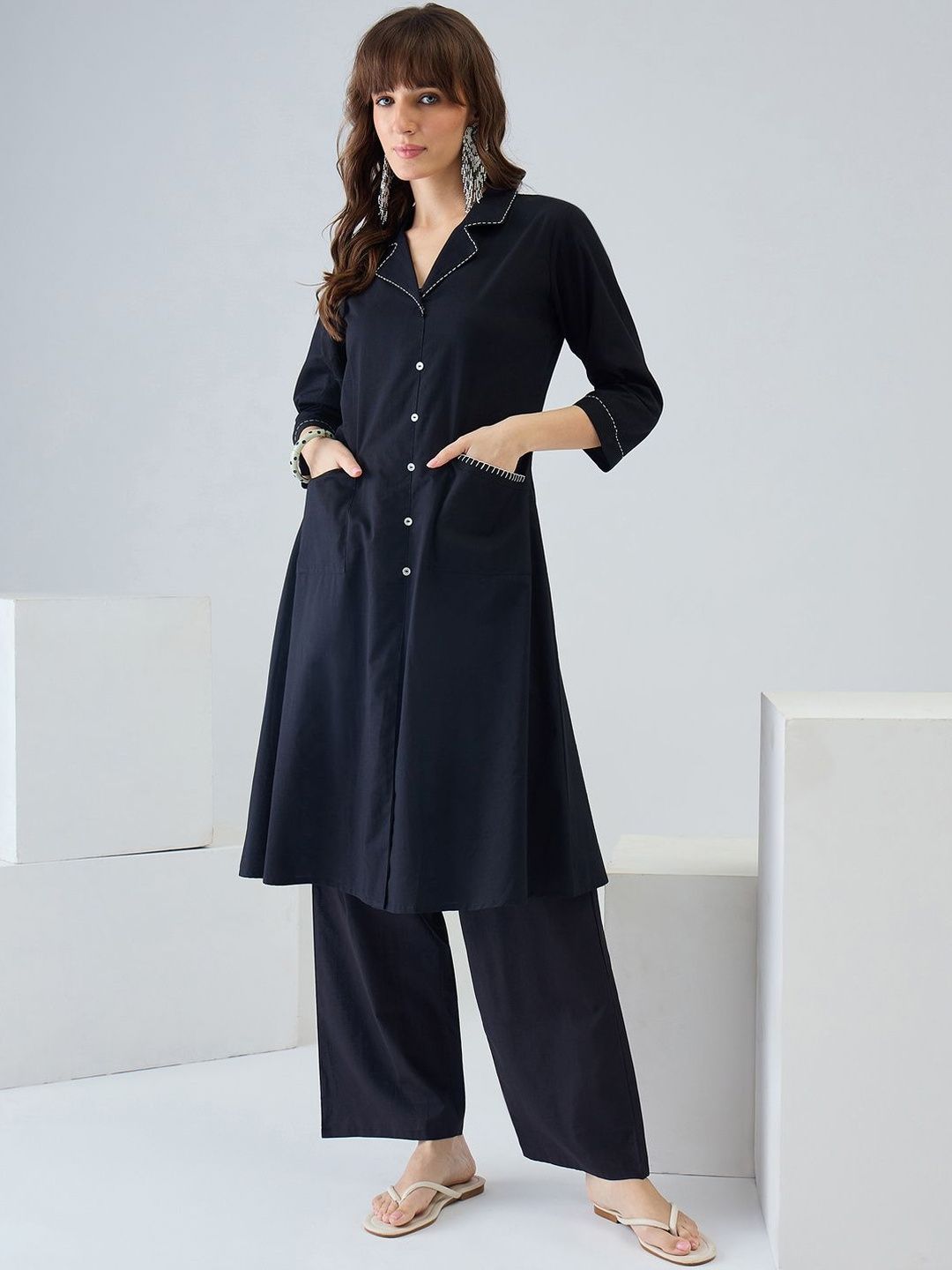 Women Regular Thread Work Pure Cotton Kurta with Palazzos