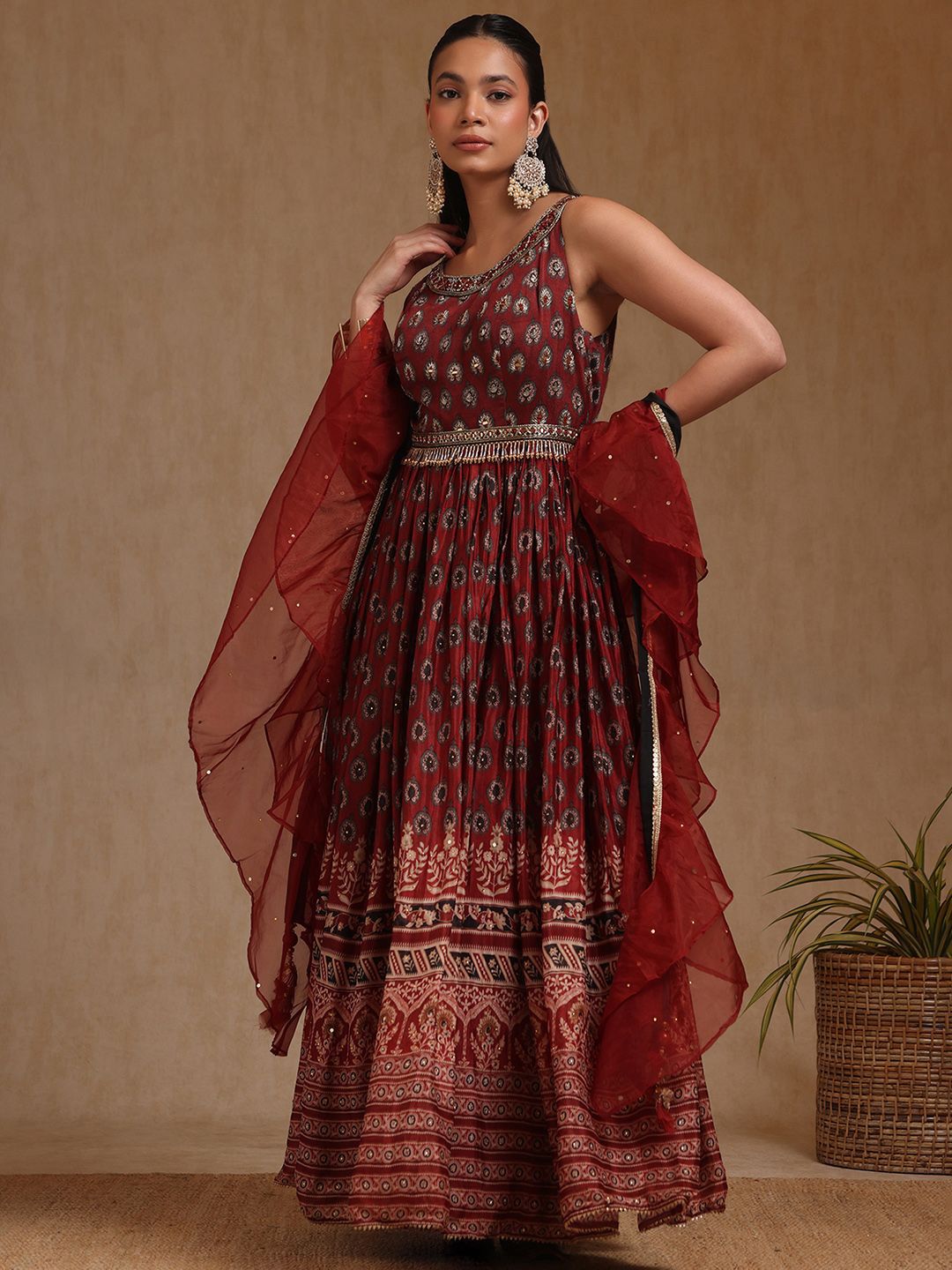 Dhiyona SO Women's Floral Printed Mirror Work Chinon Anarkali Kurta With Churidar & Dupatta