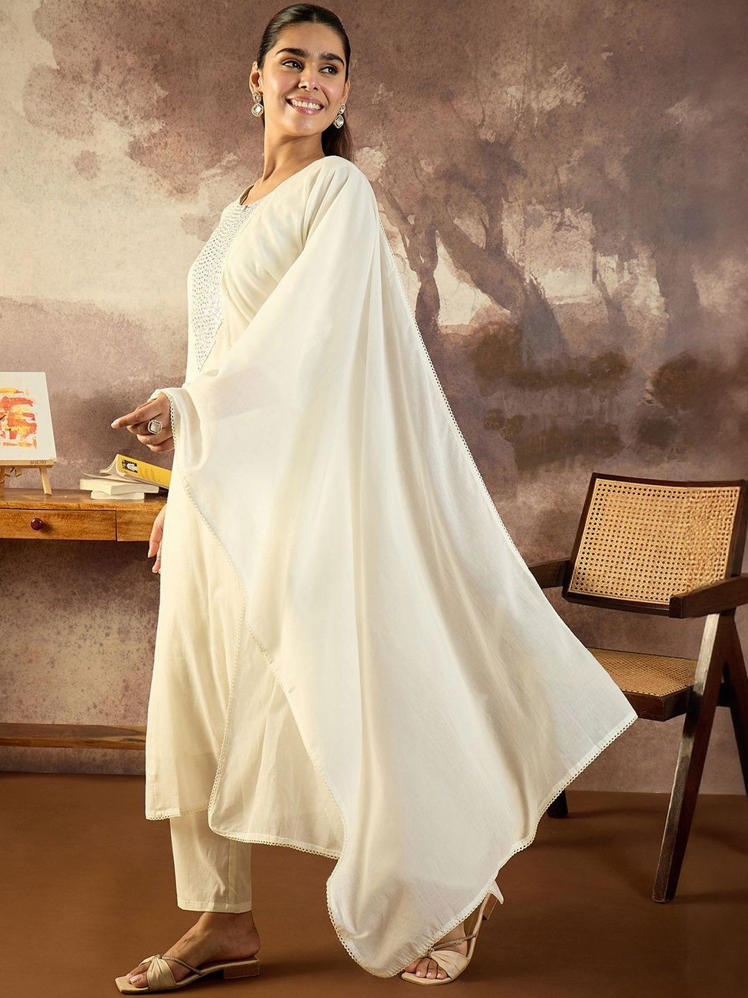 Women Solid Cotton A-Line Kurta with Trousers & Dupatta