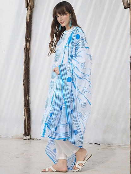 Women Geometric Dyed Cotton Kurta with Trouser & Dupatta