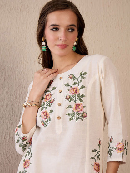 Women Floral Embroidered Regular Thread Work Pure Cotton Kurta with Trousers