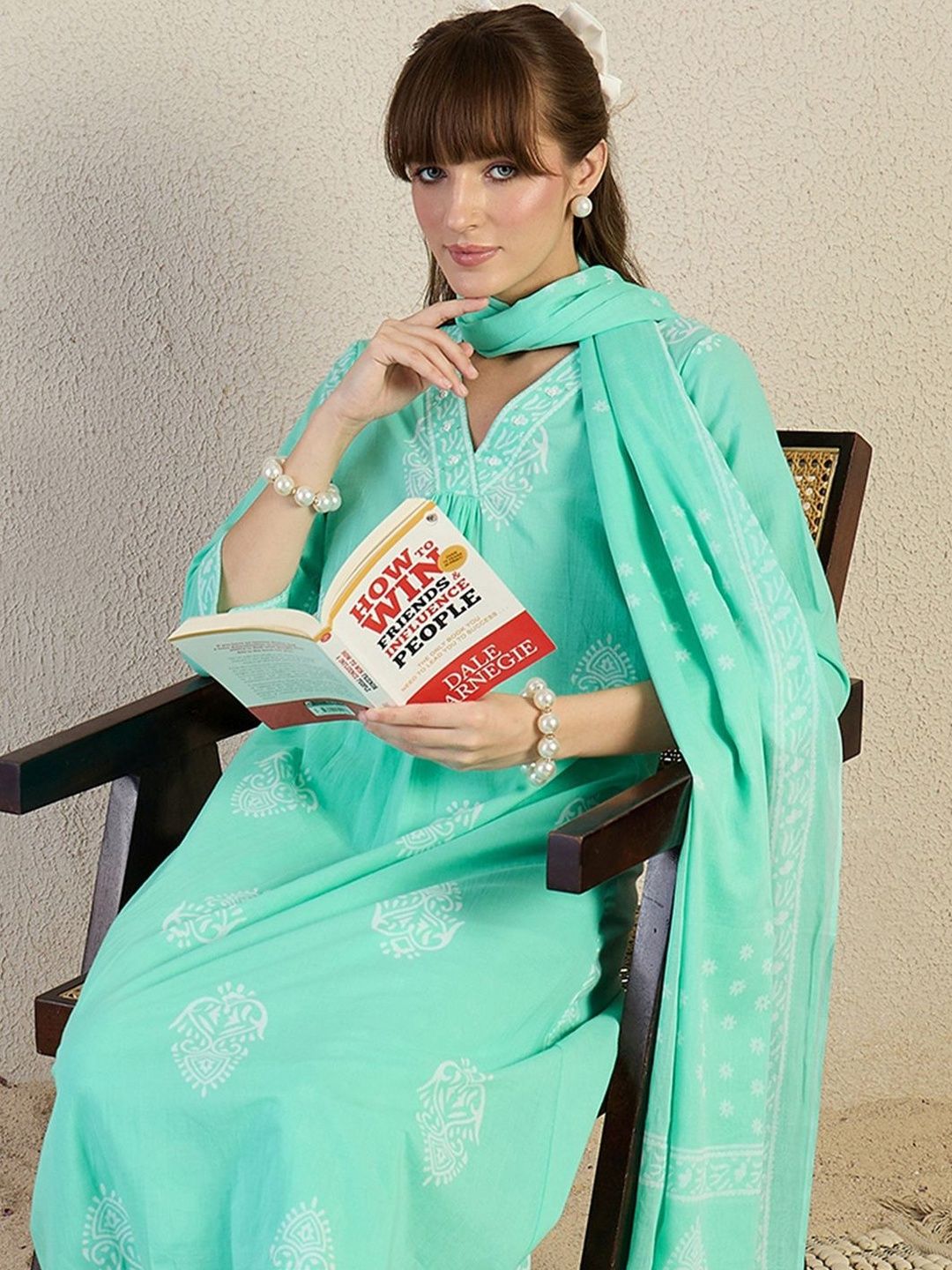 Women Ethnic Motifs Printed Regular Thread Work Pure Cotton Kurta with Trousers & With Dupatta